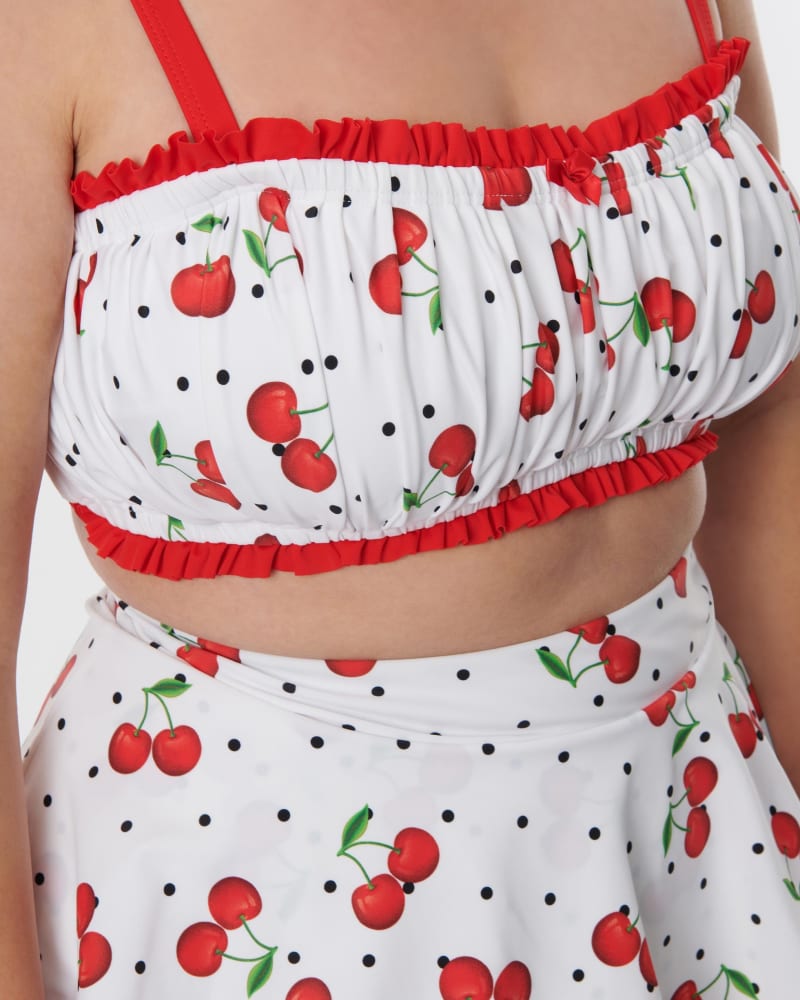 Unique Vintage Plus Size White & Cherry Pin Dot Shirred Bandeau Swim T